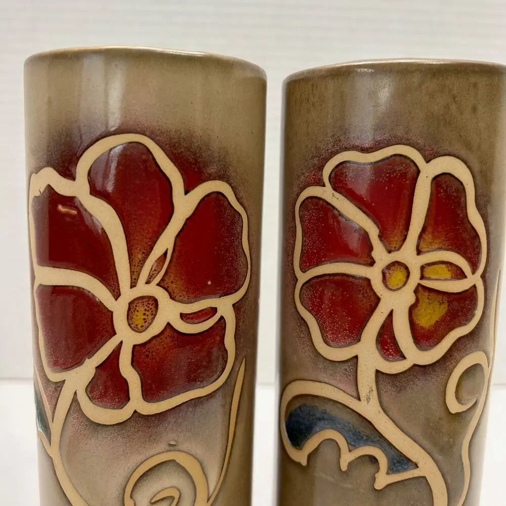 Vintage 1970's Art Pottery Tiki Cylinder Vases Embossed‎ Floral Motif Set of 2
